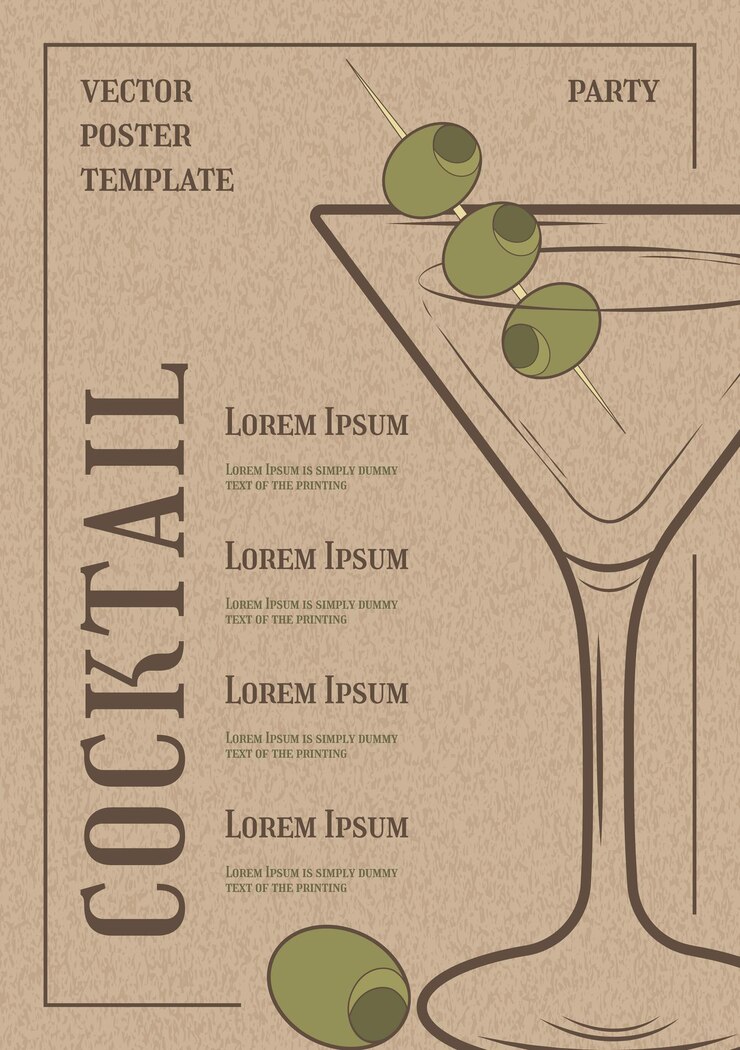 Cocktail Party Invitation Menu with Hand Drawn Martini Sketch on Kraft Paper Background Holiday