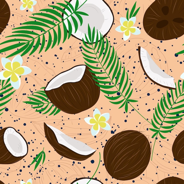 coconut tropical seamless pattern with palm leaves plumeria and texture