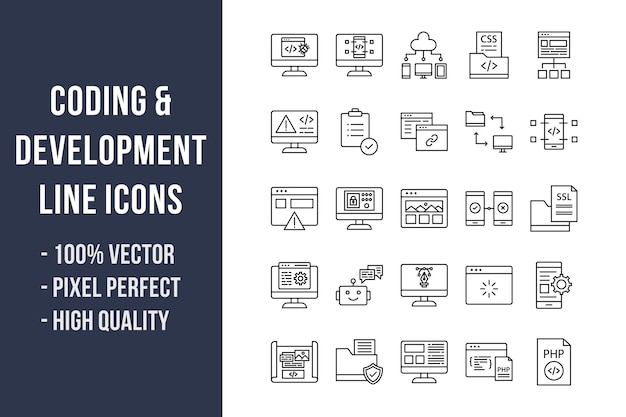 coding and development line icons