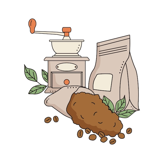 Coffee grinder and kraft paper bags with coffee beans isolated on white background Doodle style