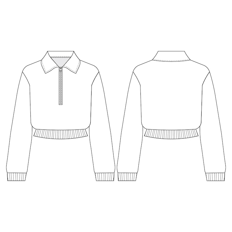 Vector collared zippered ribbed slouchy polo neck long sleeve sweatshirt sweater template technical drawing