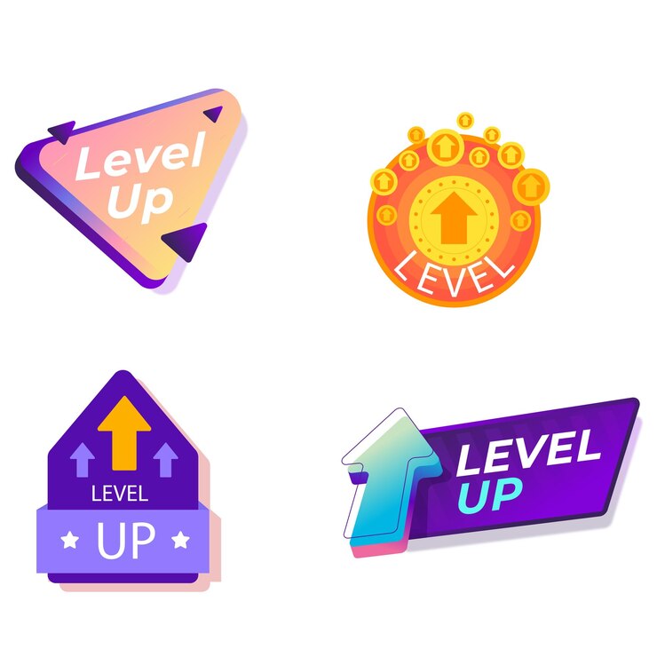 Vector collection level up golden icon isometric vector illustration set of medal label achievement design