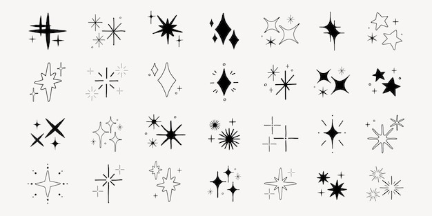 Collection of 30 black star and sparkle icons in various shapes and styles Star icons and sparkle designs perfect for decoration and creative projects Element vector set
