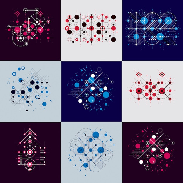 Collection of Bauhaus retro wallpapers, art vector backgrounds made using grid and circles. Geometric graphic 1960s illustrations can be used as booklets cover design.