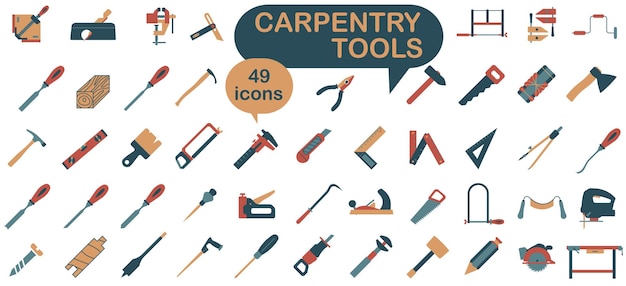 Collection of carpentry tools icons Tool for carpentry workshop