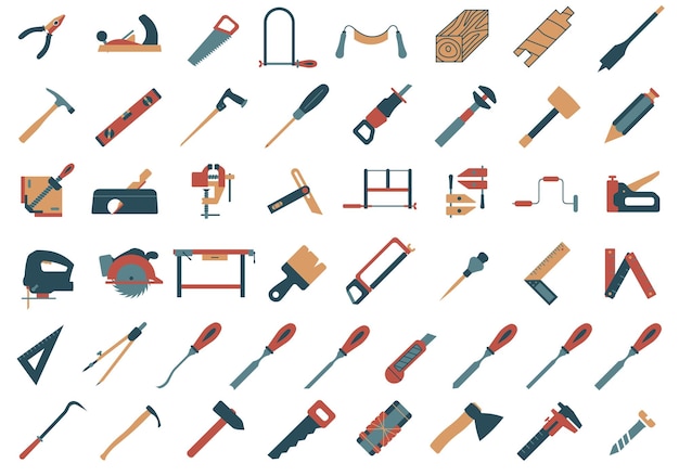 Collection of carpentry tools icons Tool for carpentry workshop
