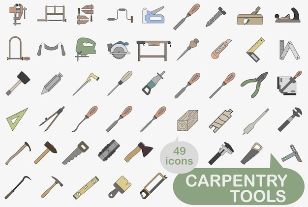 Collection of color icons of carpentry tools with stroke Tool for carpentry workshop