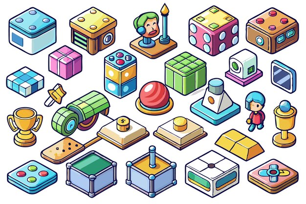 collection of colorful isometric game assets including blocks buttons prizes and characters