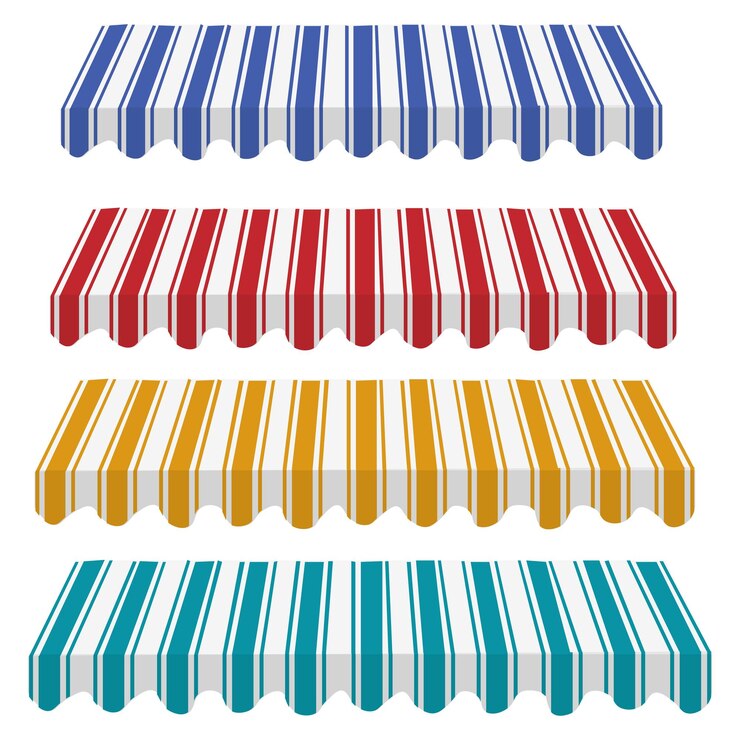 Collection of colorful shop awnings in four different colors