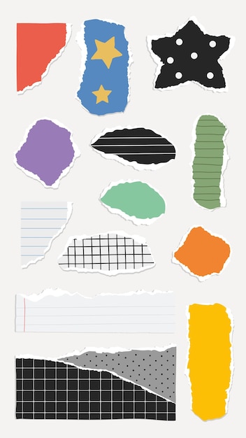 collection of colorful torn paper scraps with various patterns like stars polka dots and grids includes vibrant colors like green orange and purple colorful patterned element vector set