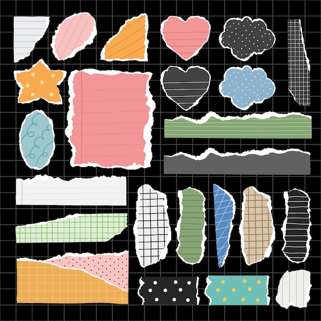 collection of colorful torn paper shapes on a grid background includes hearts stars and clouds in various colors and patterns like stripes and polka dots colorful patterned element vector set