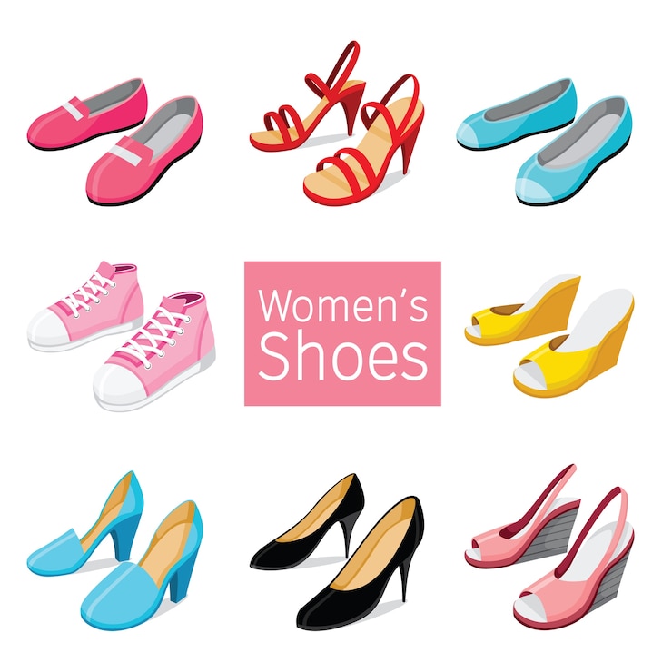 Vector collection of different women's shoes pair