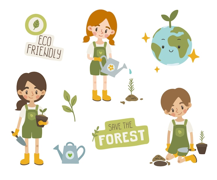 Collection of eco friendly cartoon gardening kids