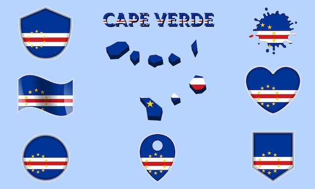 collection of flat national flags of cape verde with map