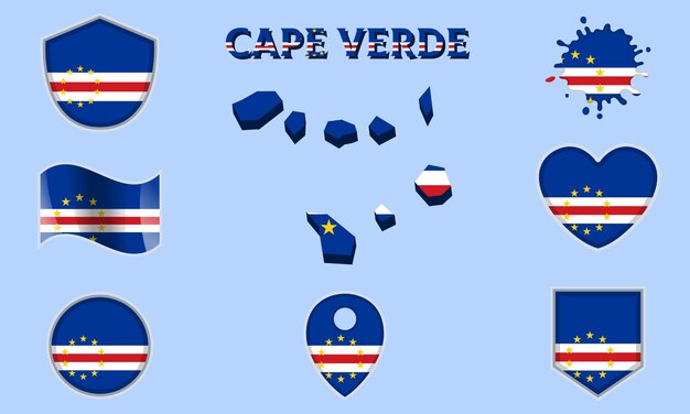 collection of flat national flags of cape verde with map