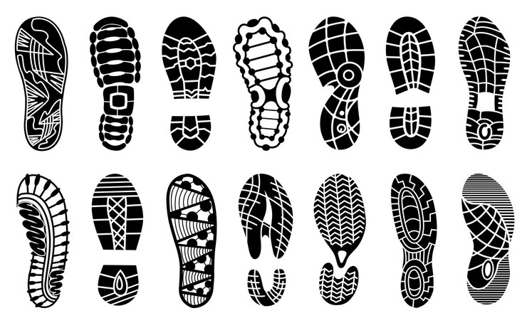 Vector collection of footprints human shoes silhouette. set of shoe soles print. different vector footprints men women sneakers shoes boots. isolated footstamp icons on white background.