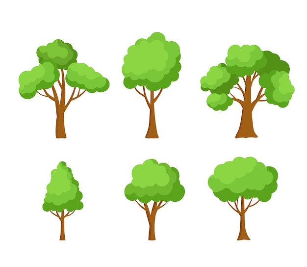 Collection of green trees illustrations Set of vector flat cartoon plants isolated on white