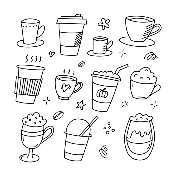 Collection of handdrawn pictures of coffee cupsDoodle set