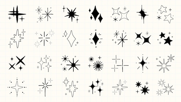 Collection of handdrawn star and sparkle icons Various star shapes and sparkle designs Perfect for adding a sparkle effect to any project Element vector set