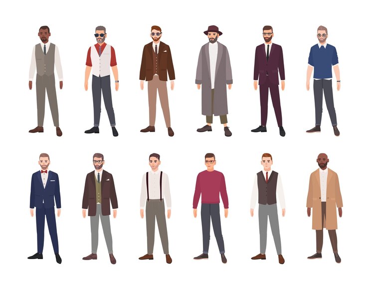 Vector collection of handsome men dressed in elegant clothes isolated on white background. bundle of young men wearing stylish apparel. collection of evening and formal outfits. flat vector illustration.
