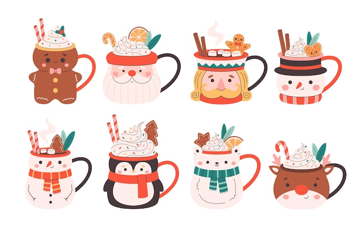 Vector collection of holiday hot drinks in cute mugs creamy coffee hot chocolate christmas drinks