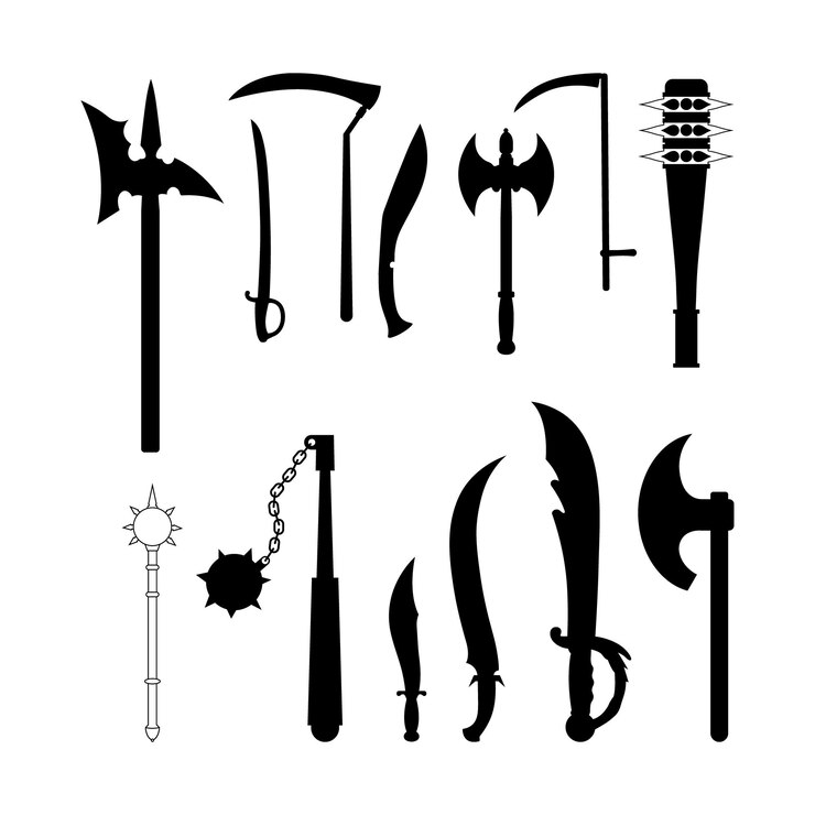 Vector collection of medieval battle axes and maces silhouettes