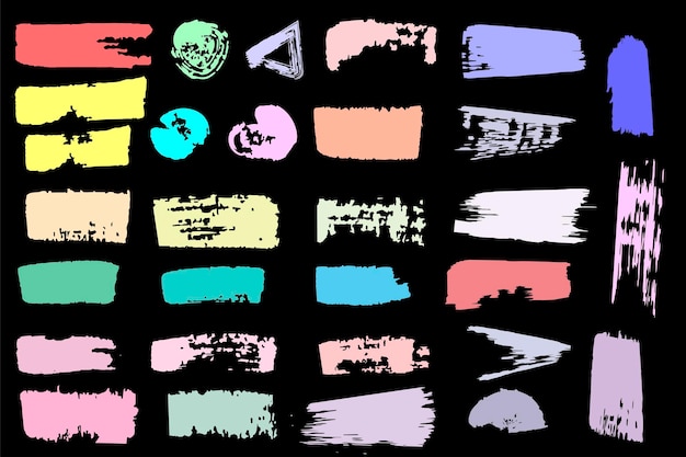 Collection of painted grunge banners Bright colorful watercolor vector blots isolated on black Rainbow backgrounds for design Hand drawn vector illustration on black Brush stroke vector