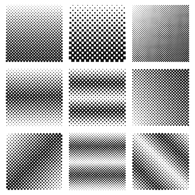 Collection Of Pixel Halftone Textures Vector Design. Set of geometric squares backgrounds.