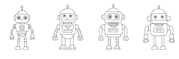 collection of retro robots in doodle style hand drawn vector art