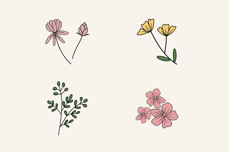 Vector collection of spring flower and leaf set floral of wildflower leaf branch foliage on cream back