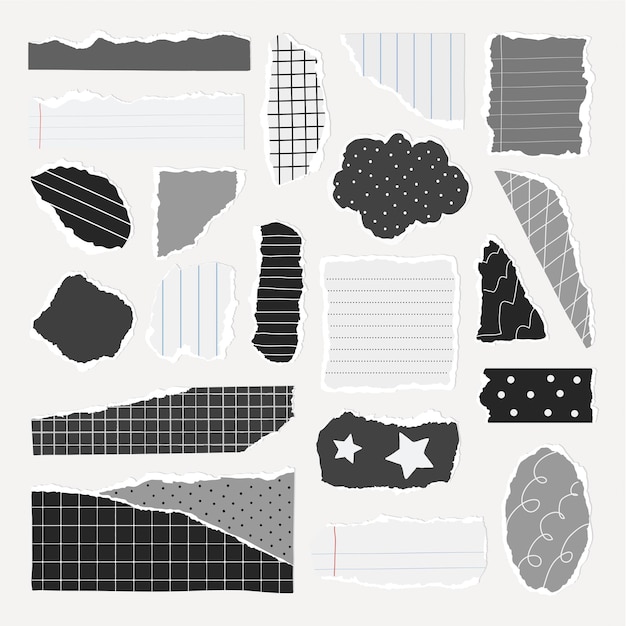 collection of torn paper pieces with various patterns torn paper grid polka dots and stars torn paper for scrapbooking collage and design projects gray element vector set