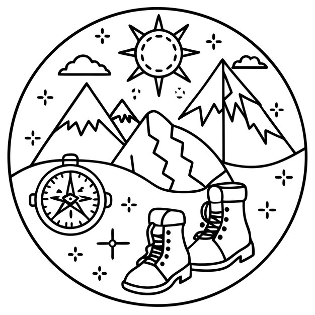 collection of travelthemed line art stickers featuring mountains compasses and hiking boots