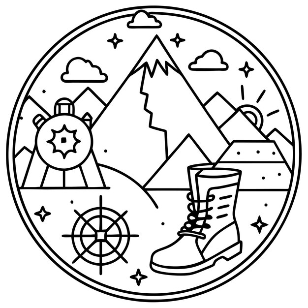 collection of travelthemed line art stickers featuring mountains compasses and hiking boots