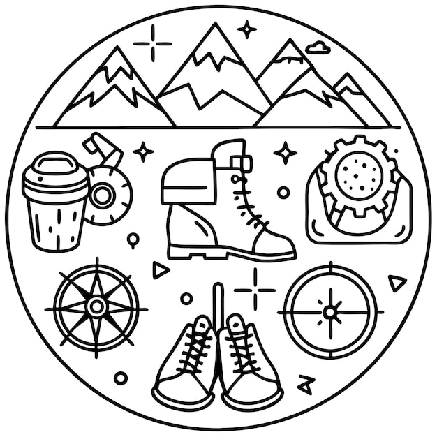 collection of travelthemed line art stickers featuring mountains compasses and hiking boots