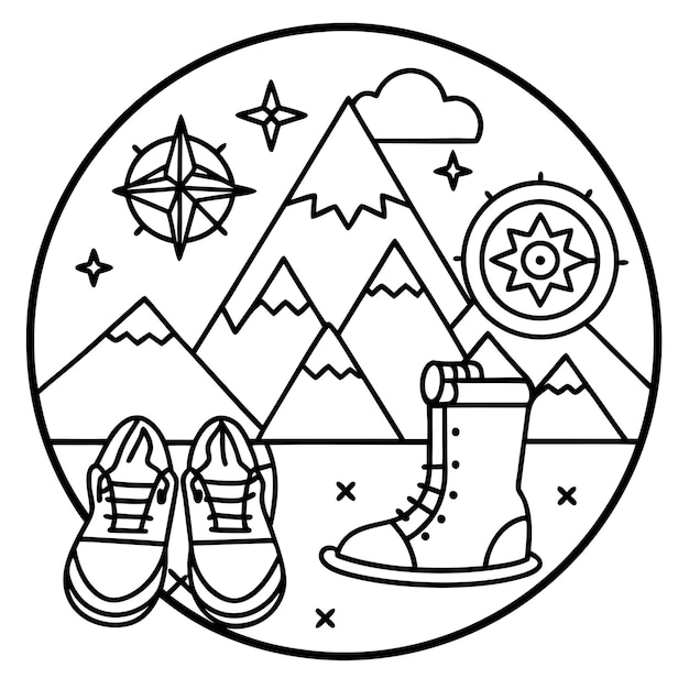 collection of travelthemed line art stickers featuring mountains compasses and hiking boots