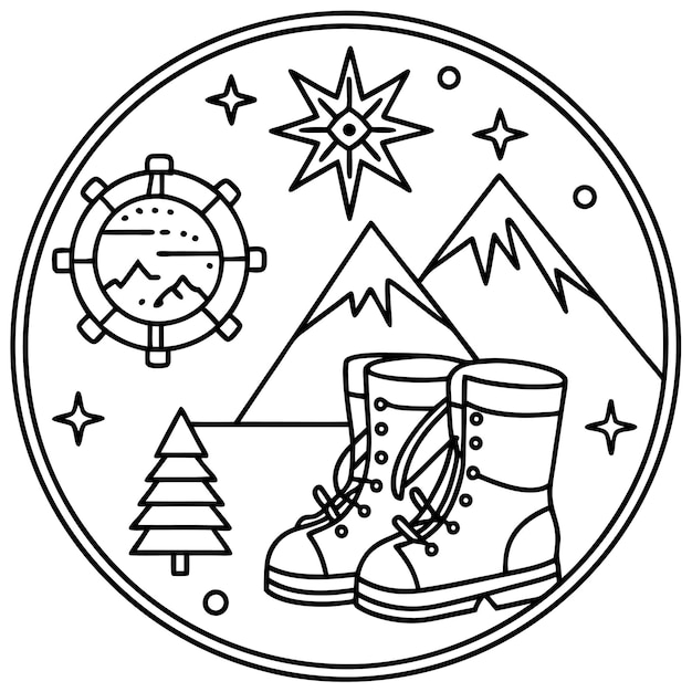 collection of travelthemed line art stickers featuring mountains compasses and hiking boots