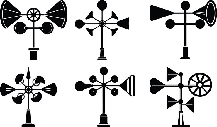 Vector collection of various weather vanes and anemometers in simple black and white design