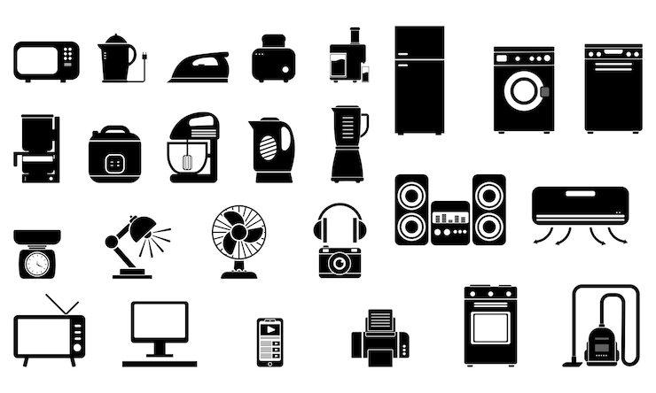 Collection of vector illustrations of silhouettes of household electrical equipment