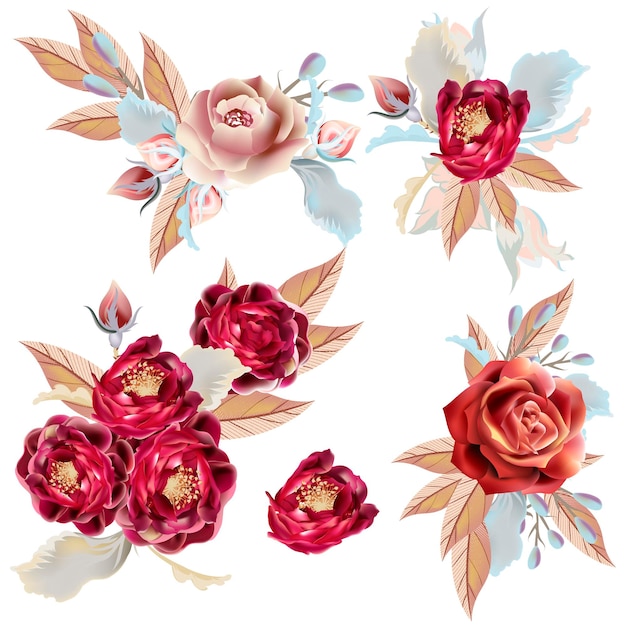collection of vector vintage roses in soft pastel colors