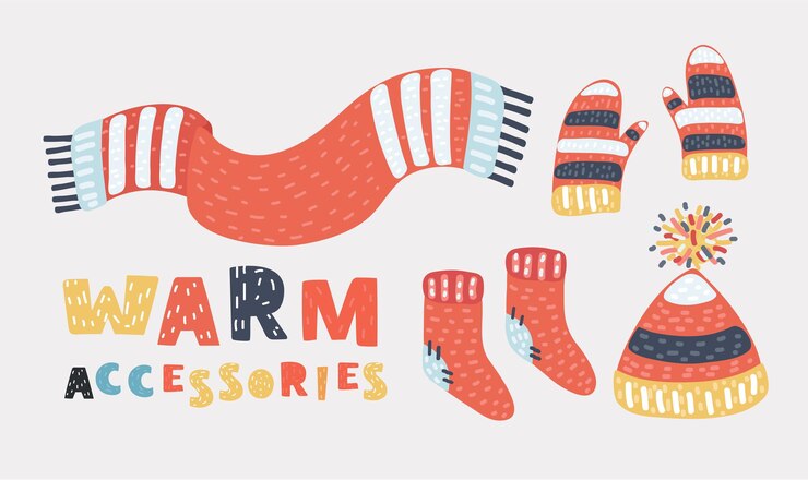 Vector collection of winter warm clothes. clothing for cold weather: knitted hat, socks, scarf, gloves. vector cartoon illustration in modern concept+
