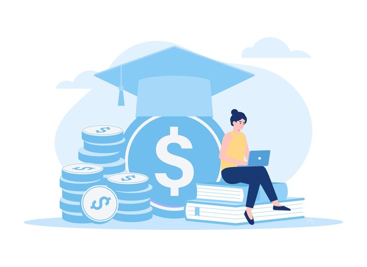 College tuition graduation scholarship education Coins academic cap diploma trending concept flat illustration
