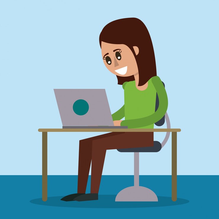Vector color background of desk with desktop computer and woman sitting