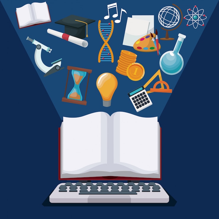 Vector color background tech laptop and display open book with light halo icons academic knowledge