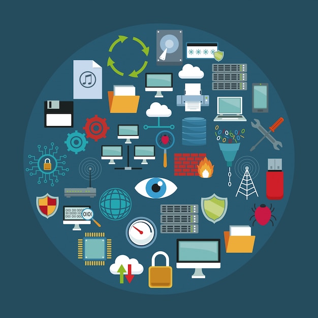 Color background with circular frame of set collection technology elements 