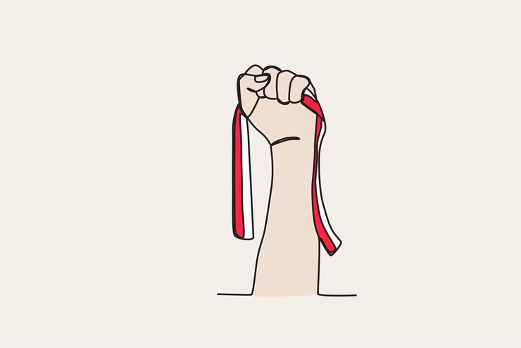 Vector color illustration of a hand holding a flag youth pledge oneline drawing