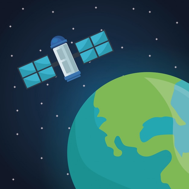 color space landscape background with satellite with view to earth planet
