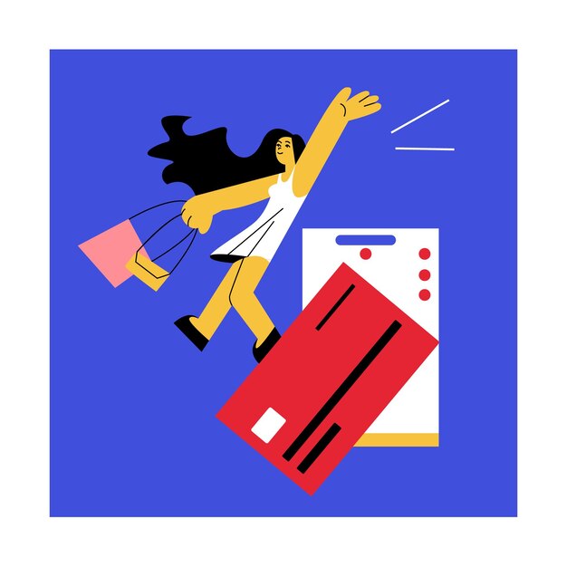 Colored cartoon woman making purchases over Internet Concept of doing online shopping from home Choosing goods online Age of digital environment Vector on blue background