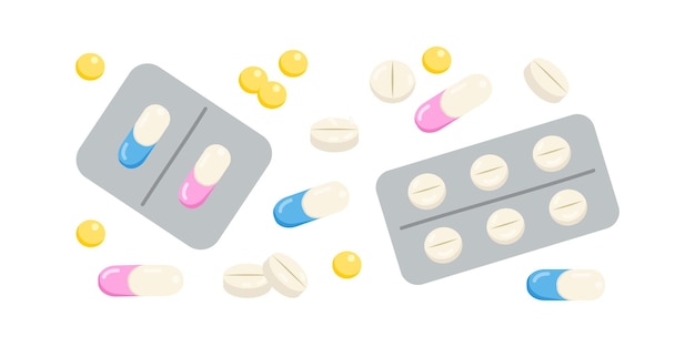 Colored icons are medicine for medicine Illustration of nasal drops medicine bottles and vitamin