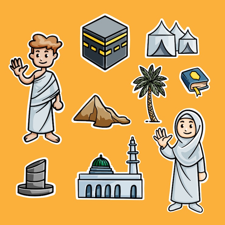 Vector colored outline cartoon illustrations of islamic pilgrimage (hajj)