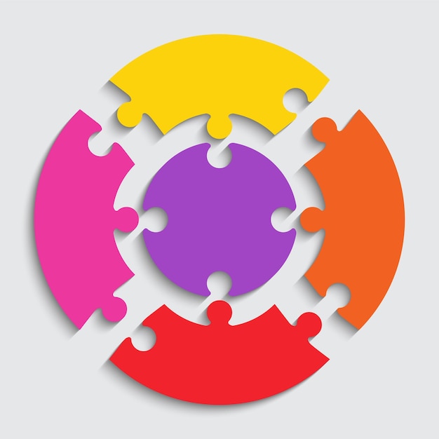 colored puzzle pieces modern background with 5 mosaic details jigsaw outline grid in circle shape
